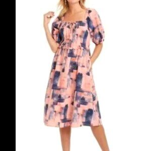 $30 NWT Universal Thread Blush Print Paint Brush Strokes Peach Navy Blue Dress S